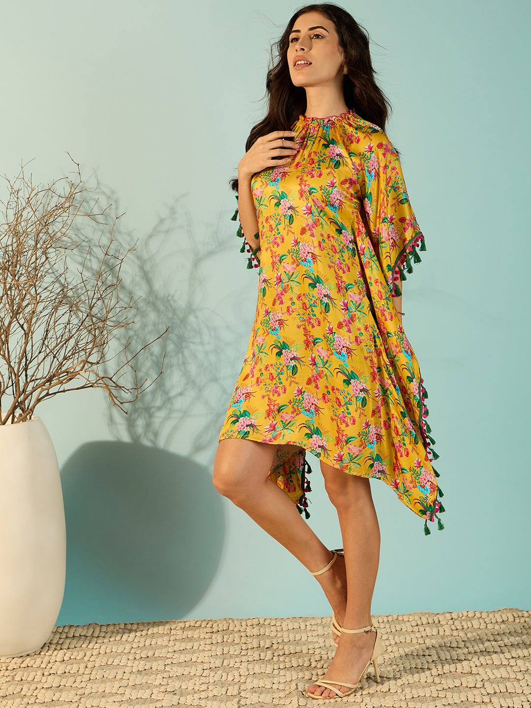 The Kaftan Company Dresses Yellow Floral Elegant Satin Kaftan Dress For Women