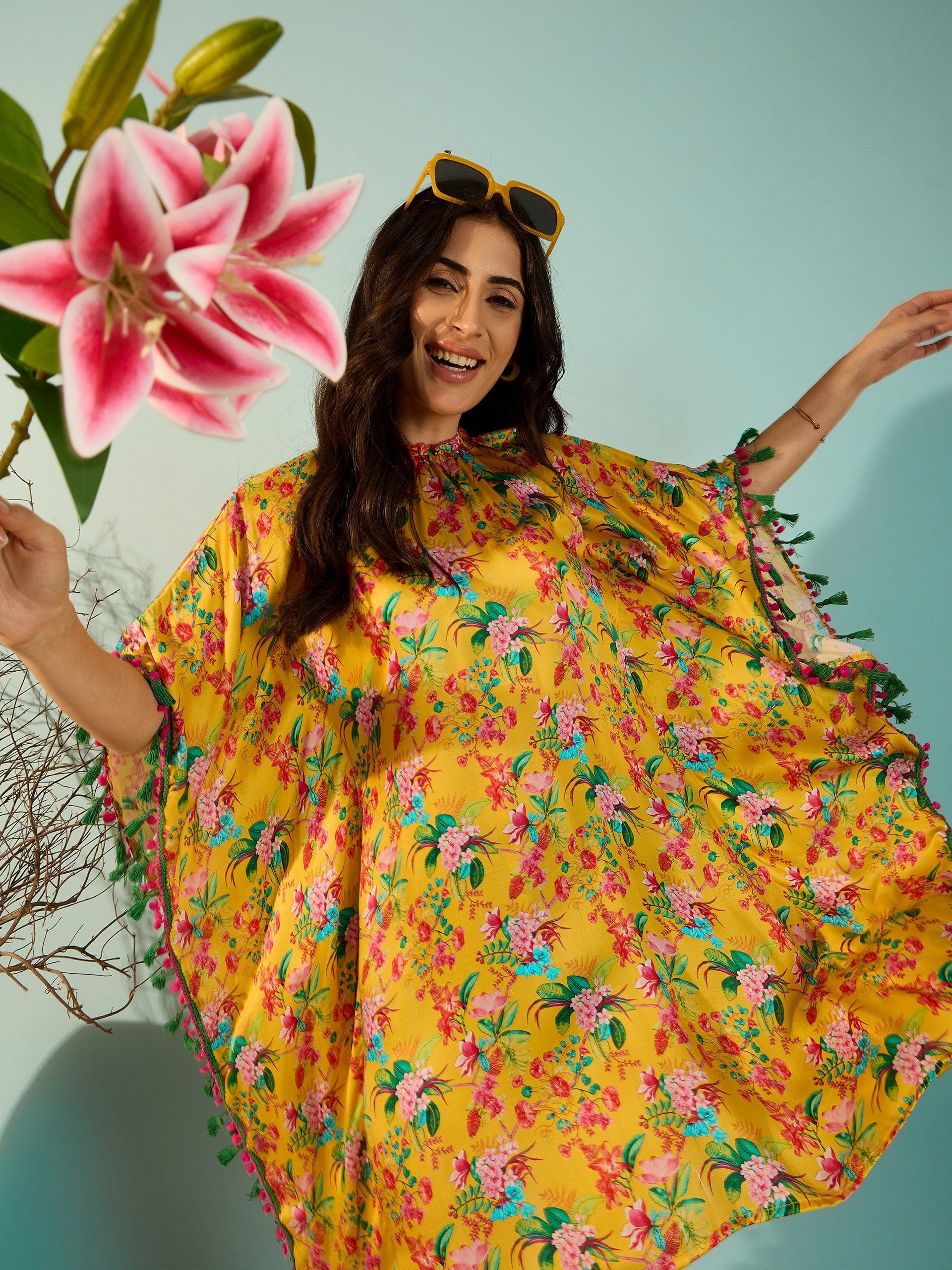 The Kaftan Company Dresses Yellow Floral Elegant Satin Kaftan Dress For Women