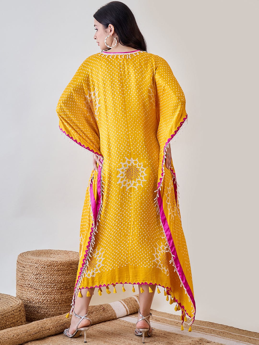 The Kaftan Company Dresses Yellow Pure Silk Bandhani Kaftan with Pearl Lace