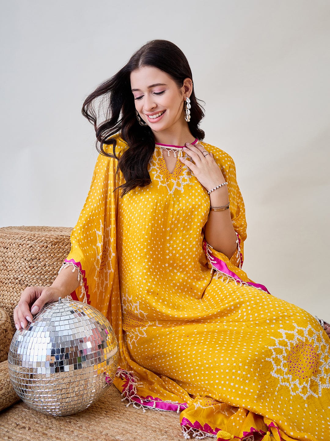 The Kaftan Company Dresses Yellow Pure Silk Bandhani Kaftan with Pearl Lace