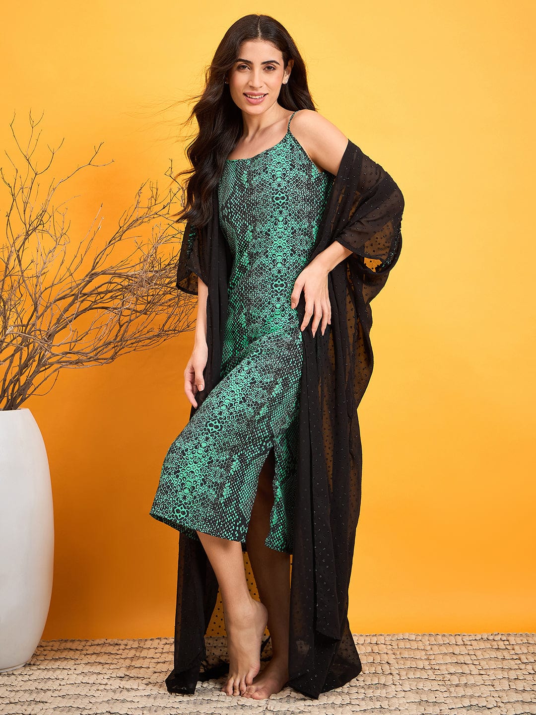 The Kaftan Company Gown Set Black And Green Dobby Kaftan Cover Up