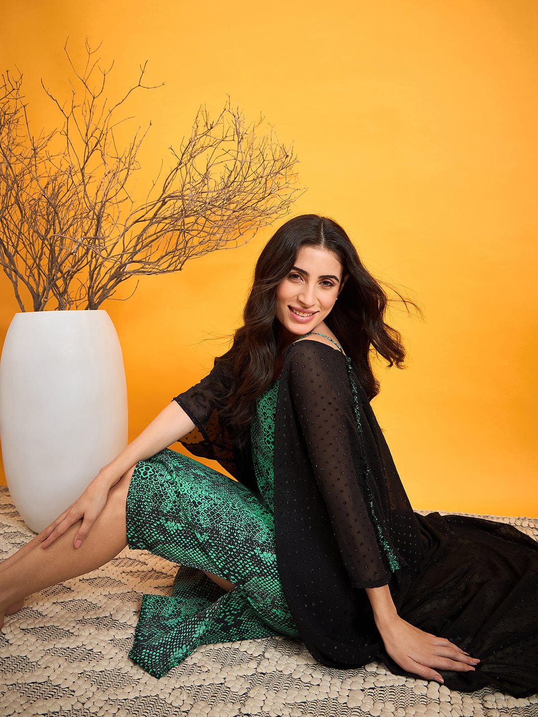 The Kaftan Company Gown Set Black And Green Dobby Kaftan Cover Up