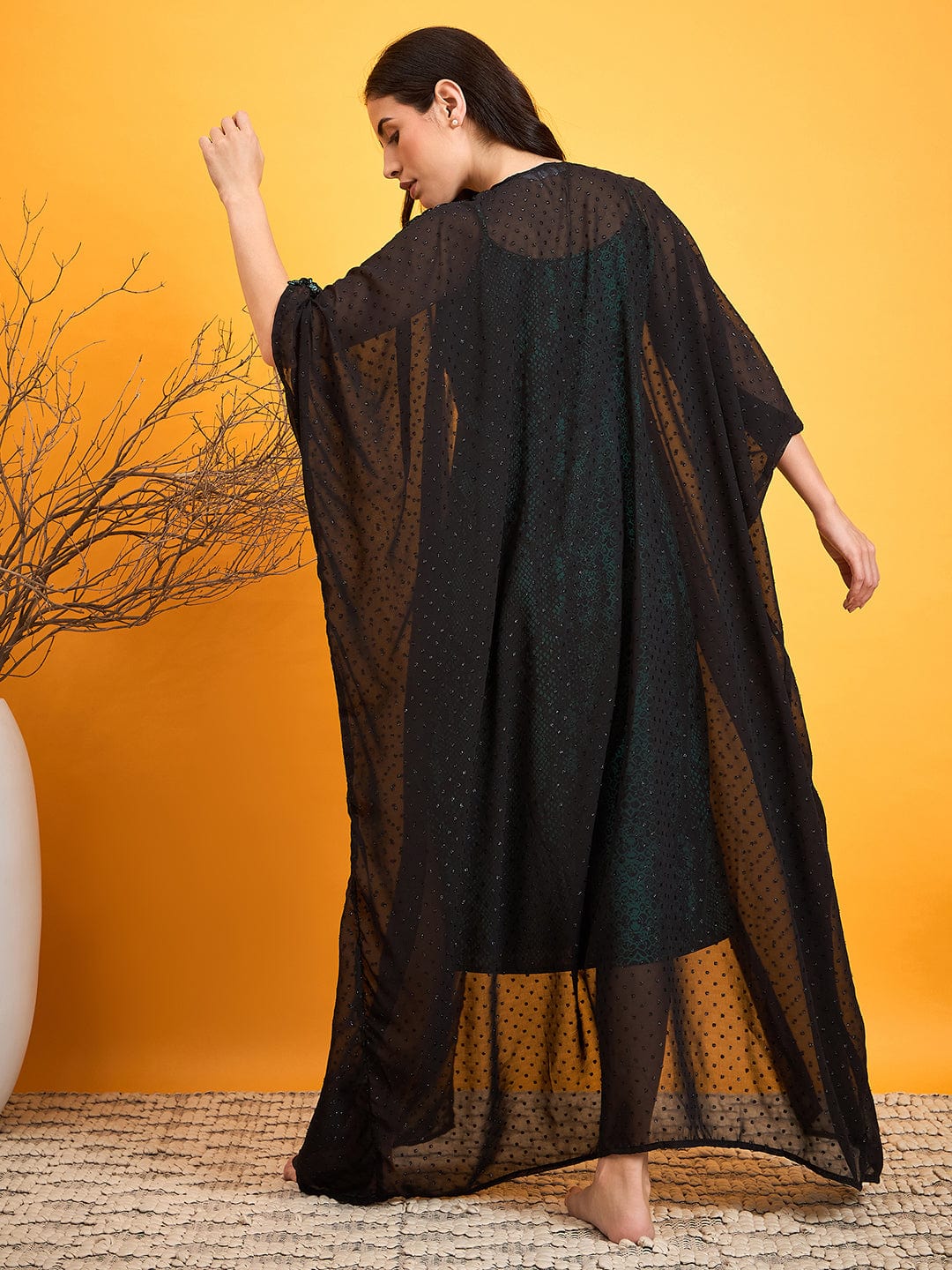 The Kaftan Company Gown Set Black And Green Dobby Kaftan Cover Up