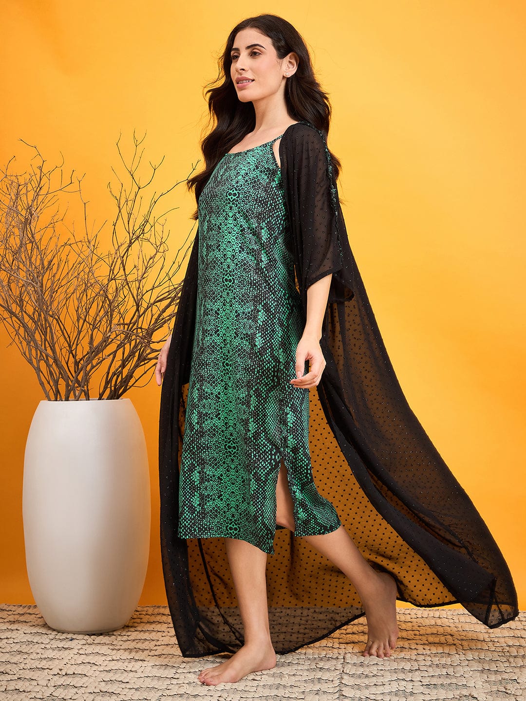 The Kaftan Company Gown Set Black And Green Dobby Kaftan Cover Up
