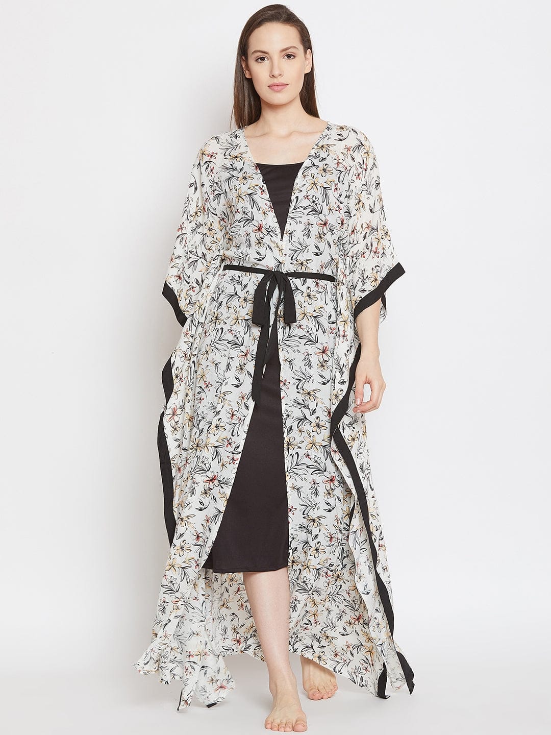 The Kaftan Company Gown Set Floral Printed Kaftan Shrug and Slip Set
