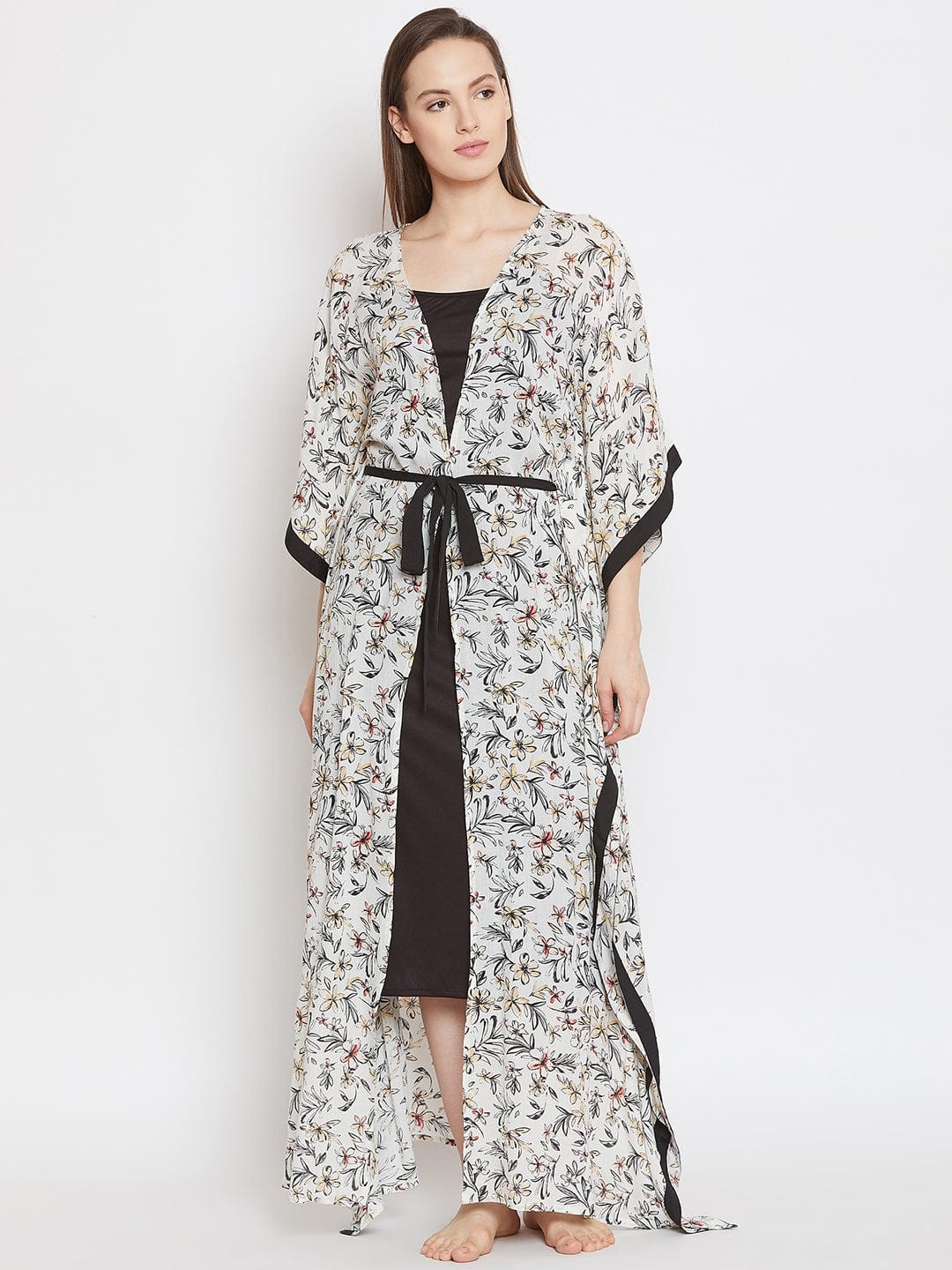 The Kaftan Company Gown Set Floral Printed Kaftan Shrug and Slip Set