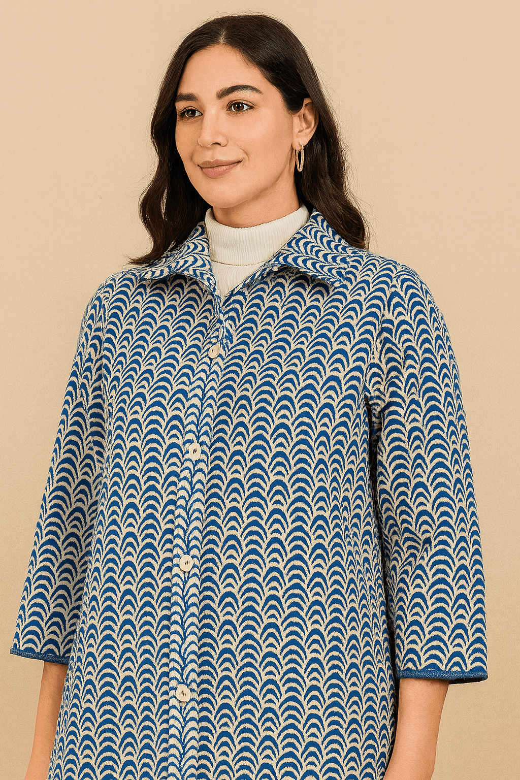 The Kaftan Company Jacket Blue and White Wool Jacket with Button-Down Front