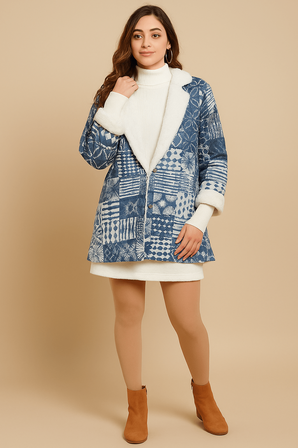 The Kaftan Company Jacket Indigo Aztec Patchwork Jacket with Fleece Lining