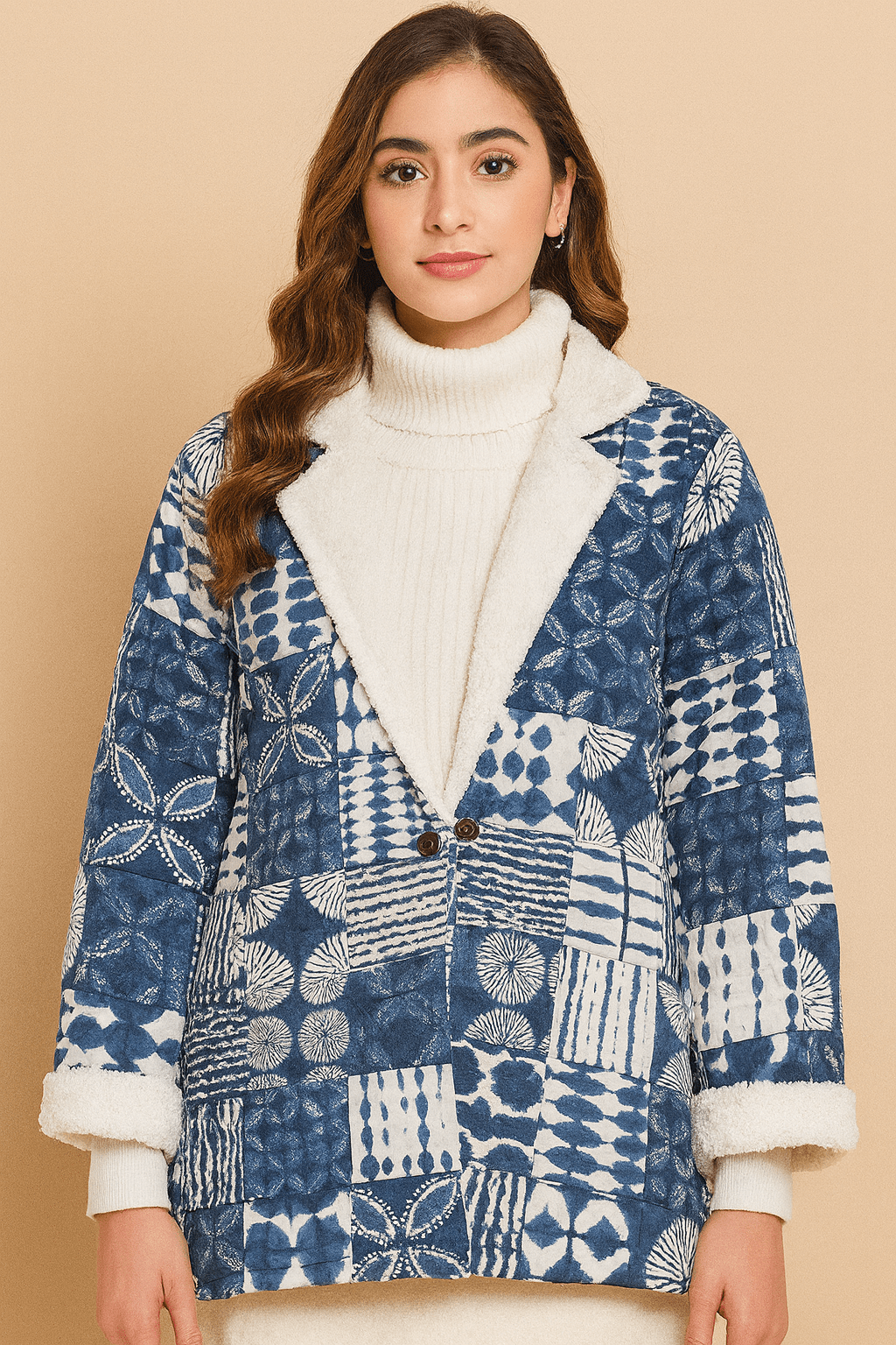 The Kaftan Company Jacket Indigo Aztec Patchwork Jacket with Fleece Lining