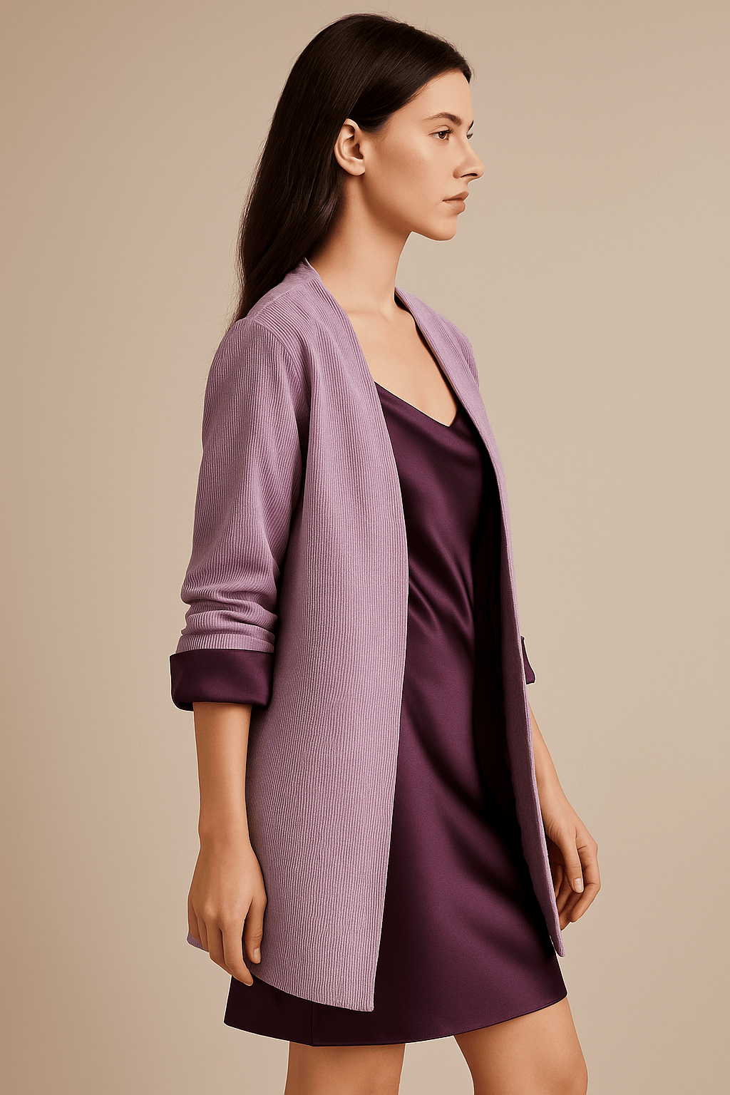 The Kaftan Company Jacket Lilac Corduroy Open-Front Jacket with Satin Cuff Detail