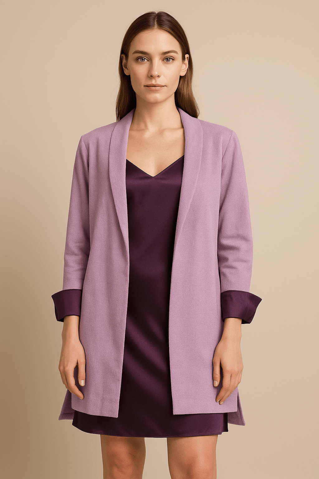 The Kaftan Company Jacket Lilac Corduroy Open-Front Jacket with Satin Cuff Detail
