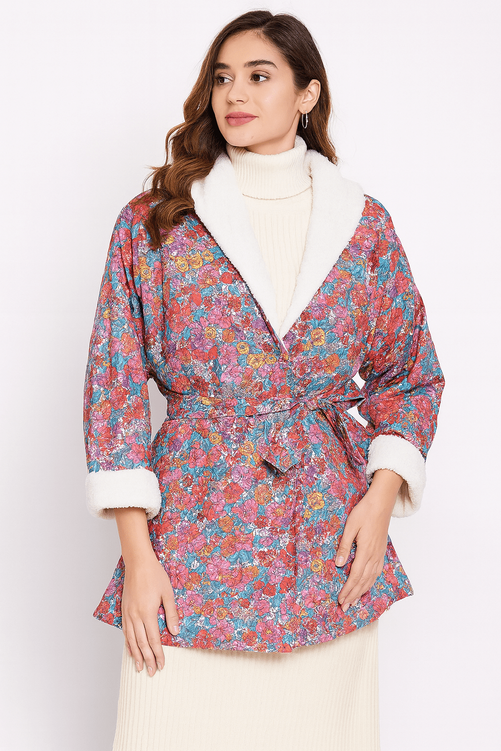 The Kaftan Company Jacket Pink Floral Jacket with Fleece Lining and Hood
