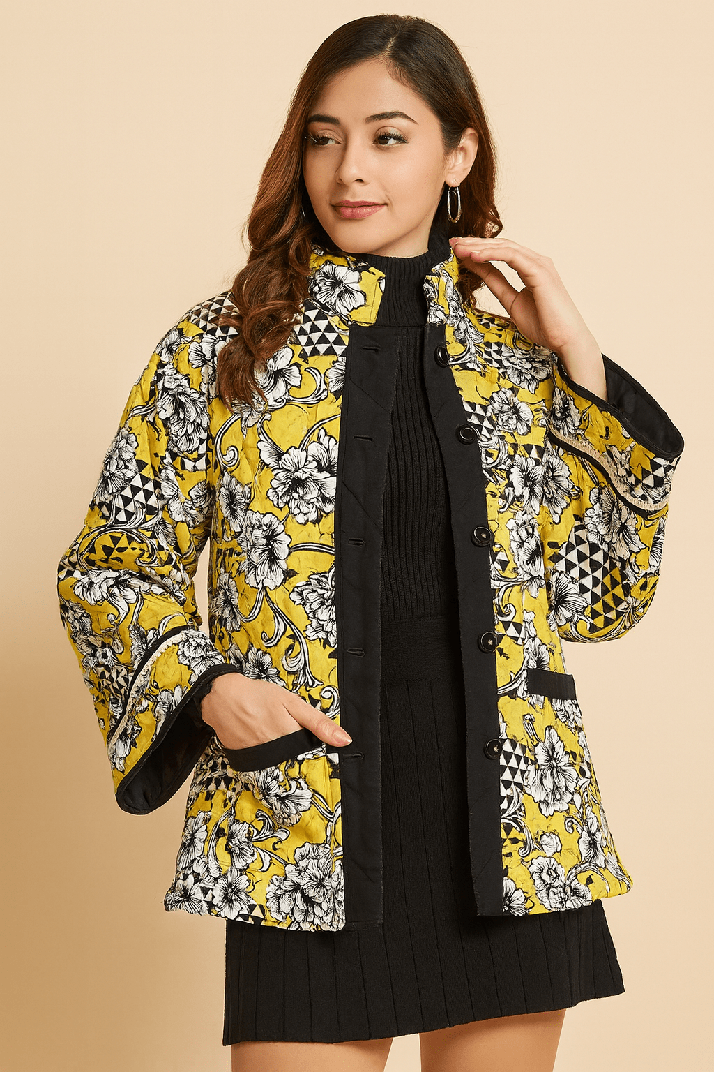 The Kaftan Company Jacket Yellow Geo-Floral Quilted Jacket with Contrast Trim