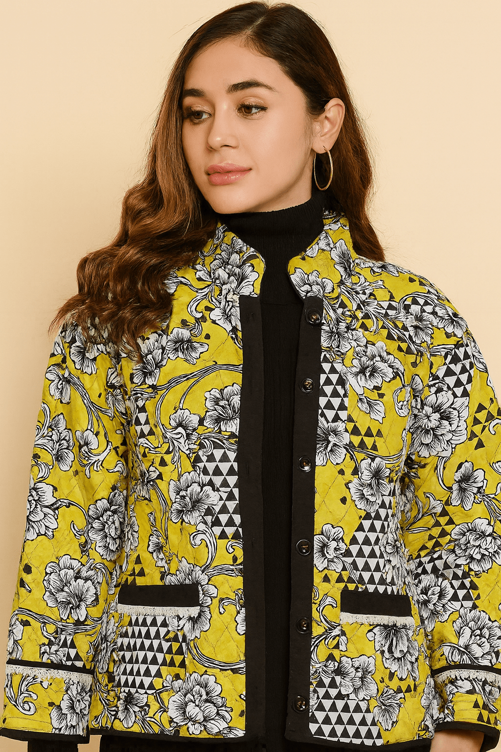 The Kaftan Company Jacket Yellow Geo-Floral Quilted Jacket with Contrast Trim