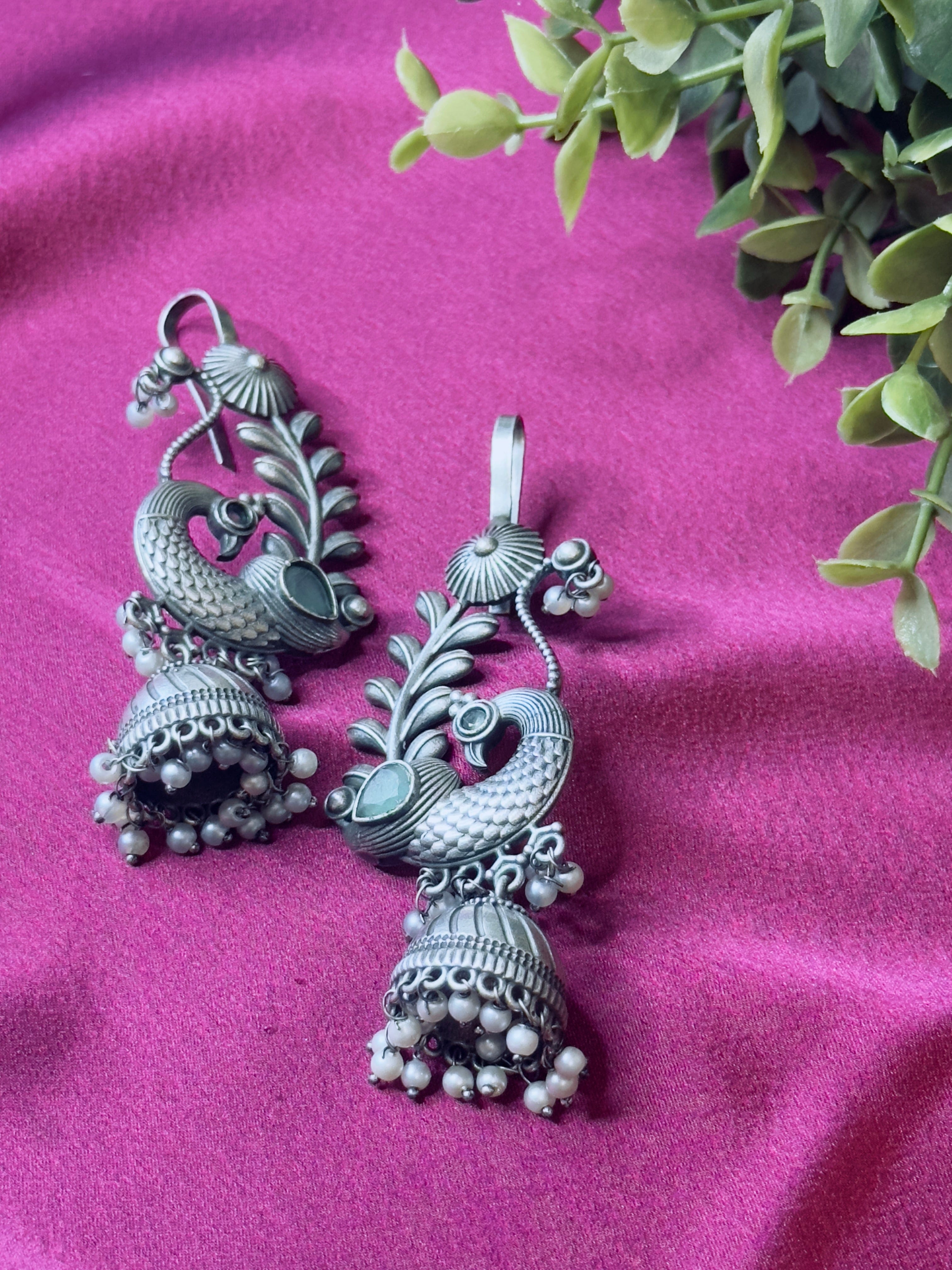 The Kaftan Company Jewelry Ethnic German Silver Earrings with Peacock Motif