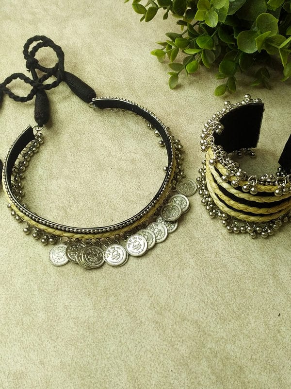 The Kaftan Company Jewelry Handmade Coin and Jute Choker and Hand Cuff Set