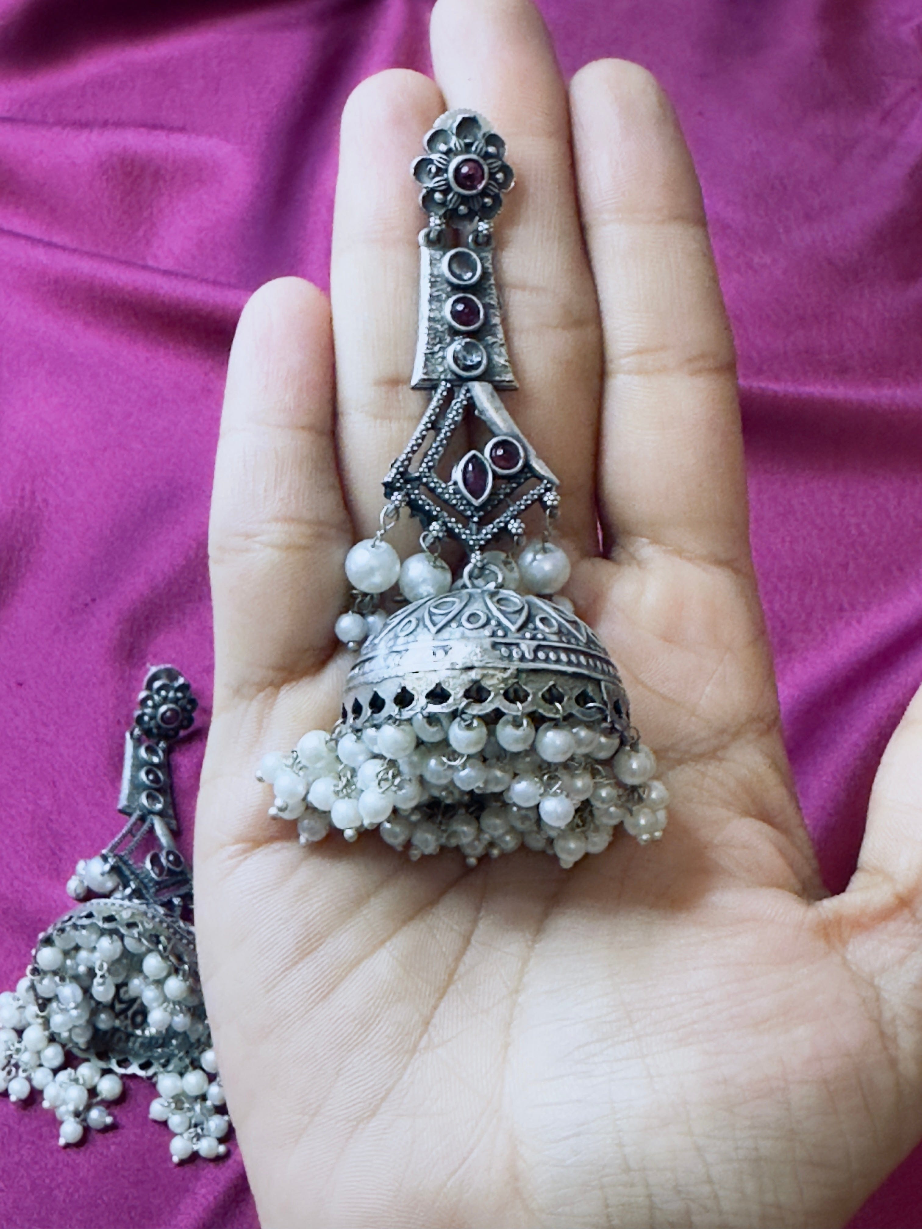 The Kaftan Company Jewelry Heritage Temple Jhumka German Silver Earrings with Ruby Highlights & Pearl Clusters