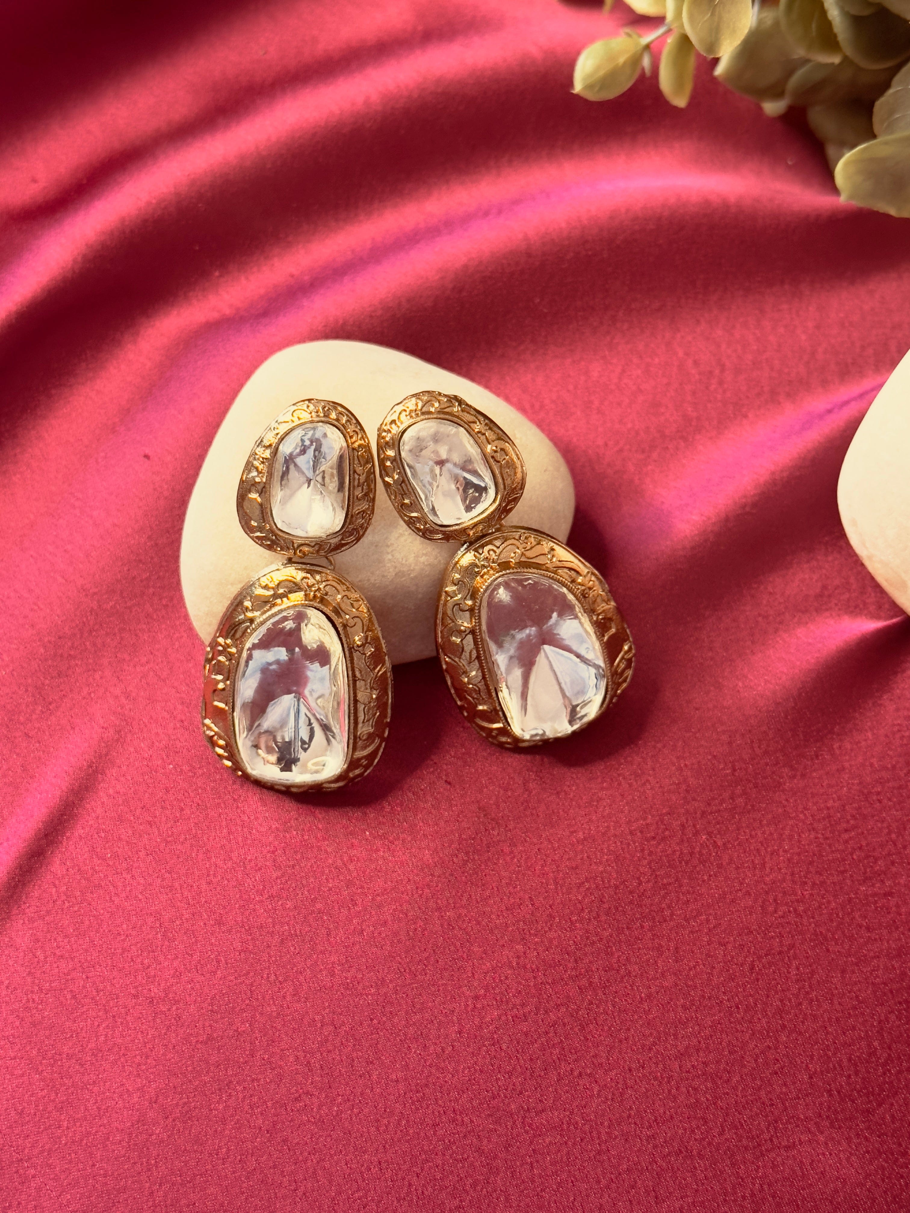 The Kaftan Company Jewelry Ornate Uncut Stone Drop Earrings