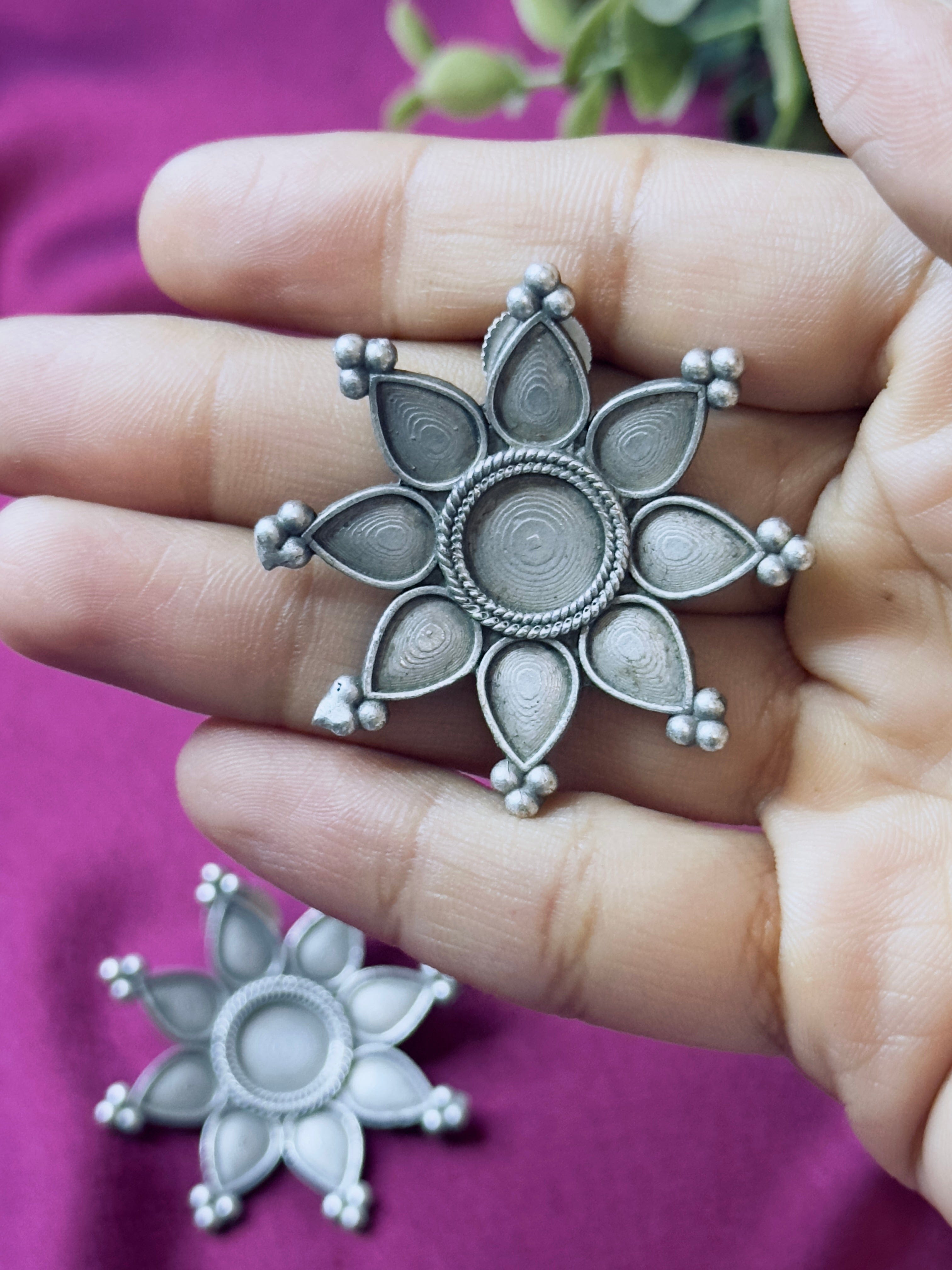 The Kaftan Company Jewelry Oxidised German Silver Flower Stud Earrings