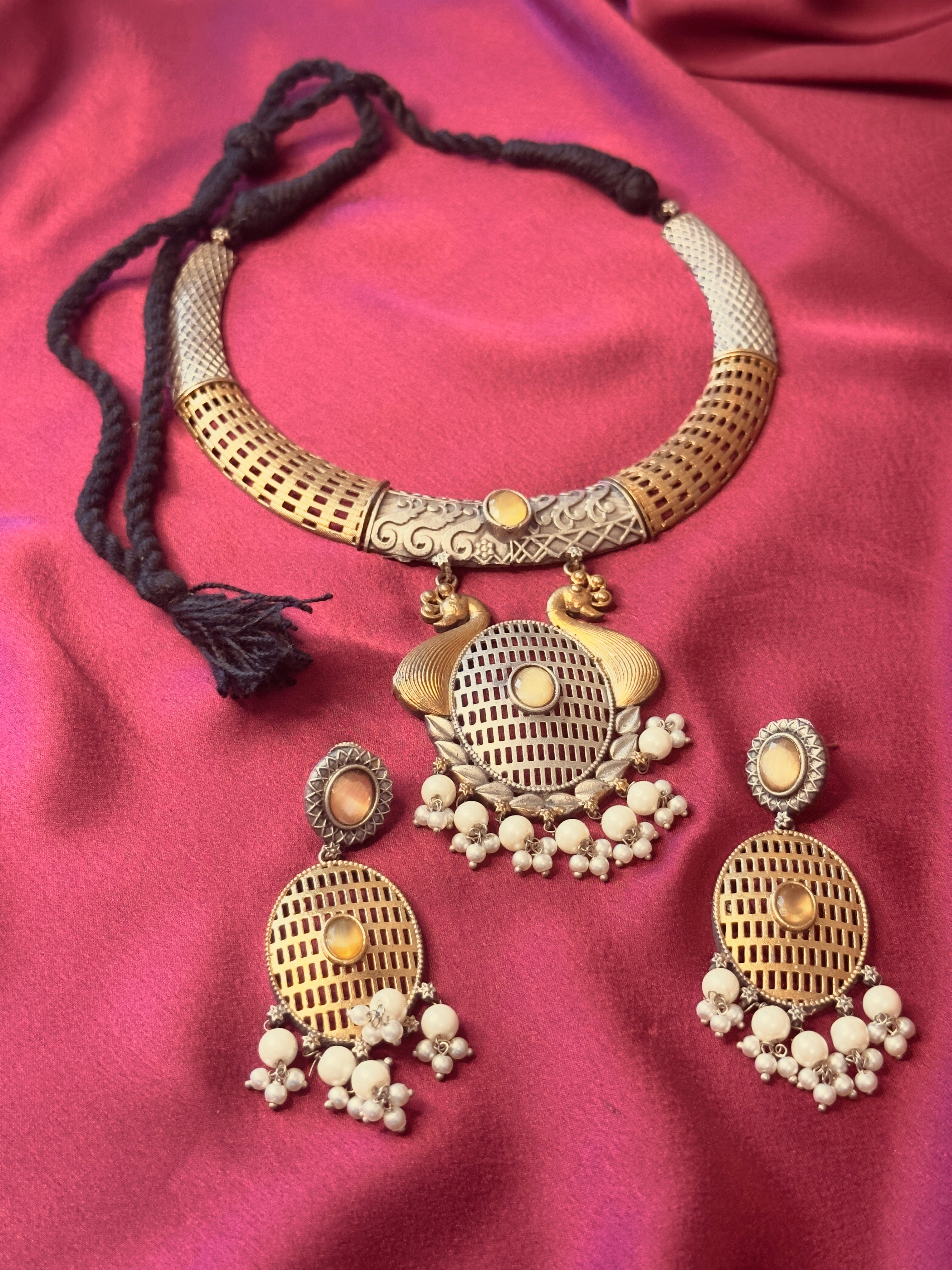 The Kaftan Company Jewelry Peacock Design German Silver Necklace with Pearl Drops