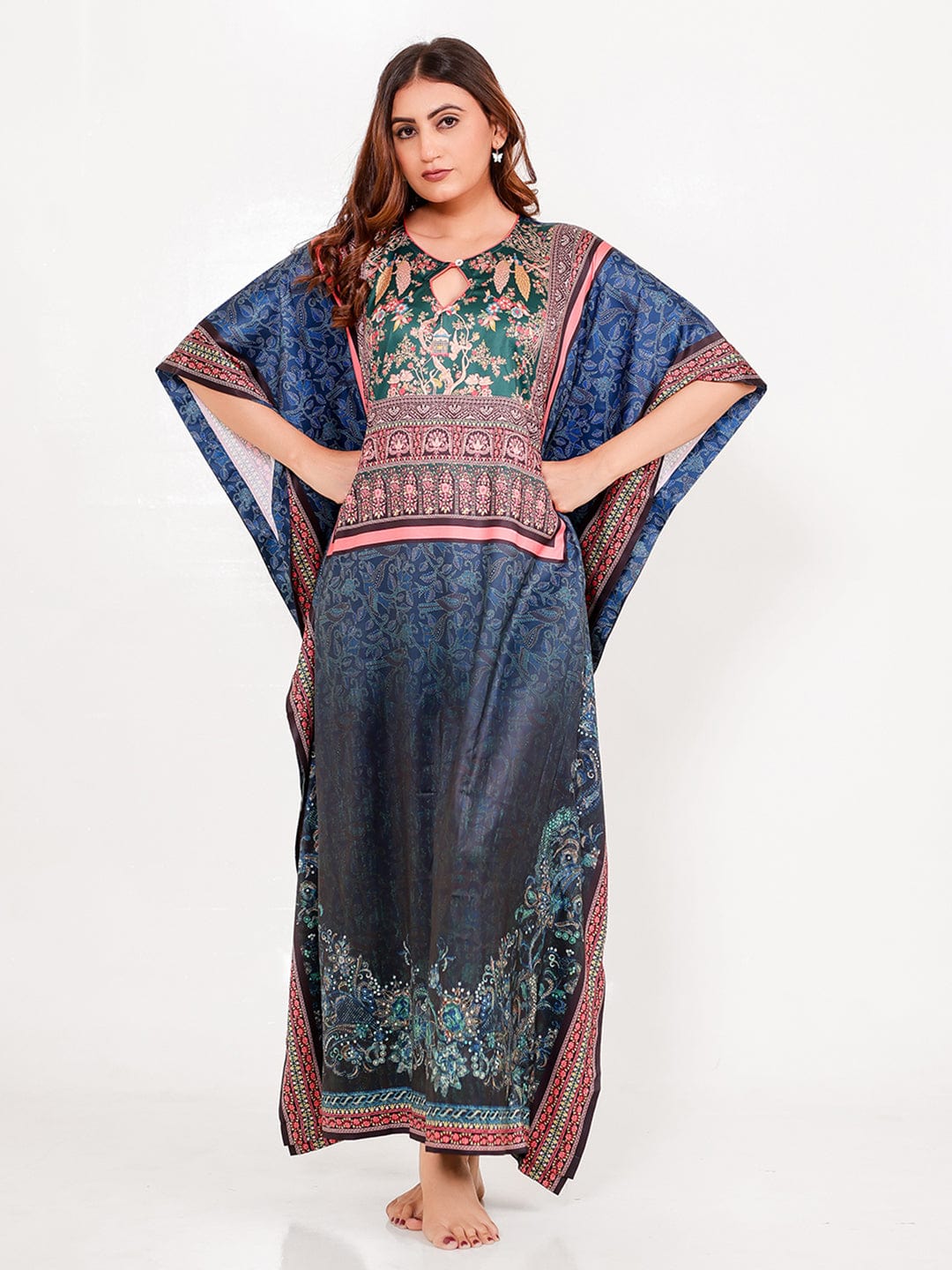 The Kaftan Company Kaft Navy Satin Floral Printed Loungewear Kaftan