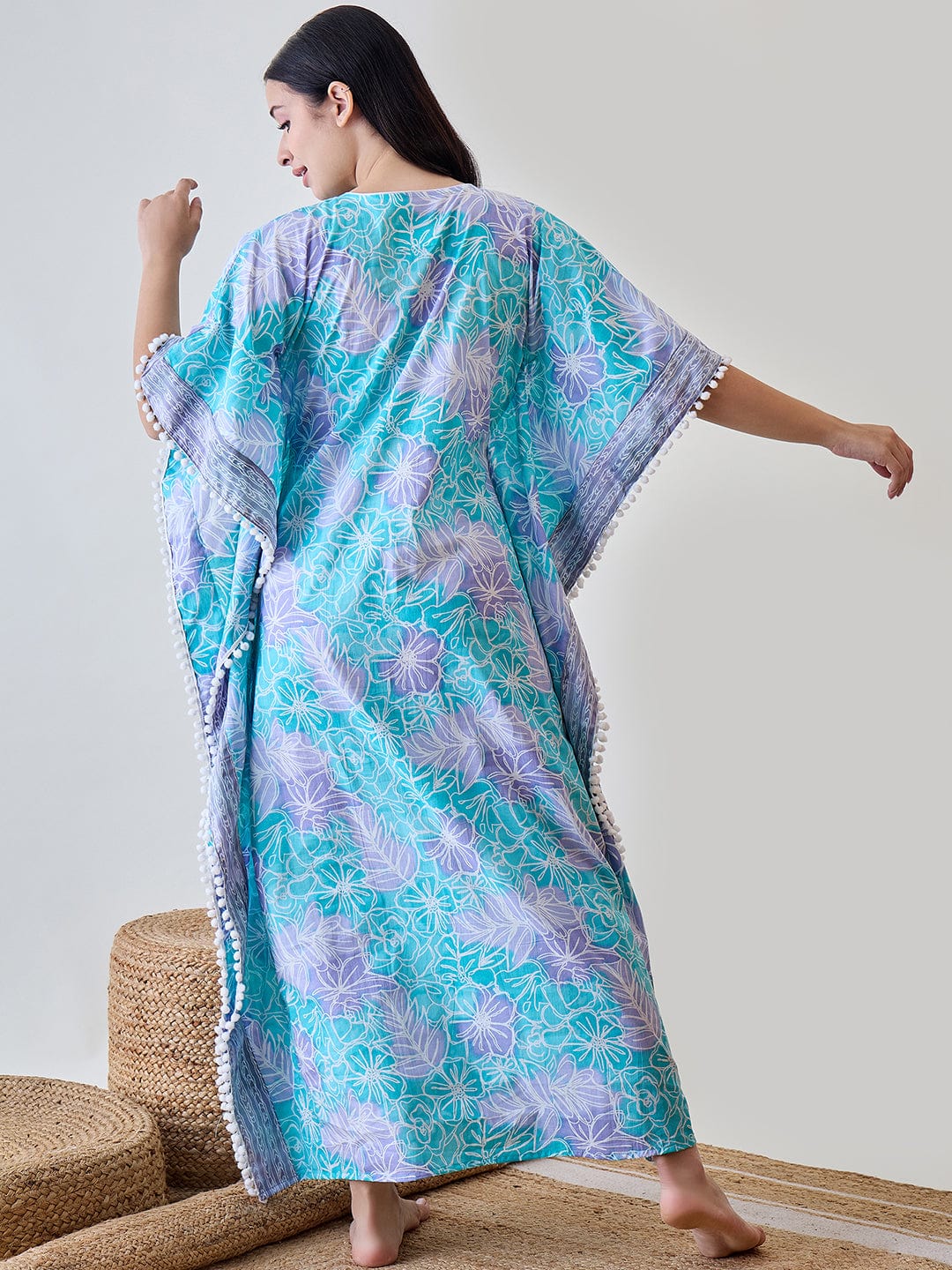 The Kaftan Company Kaftan Abstract Floral Bright Blue Pom Pom Cotton Night wear Kaftan