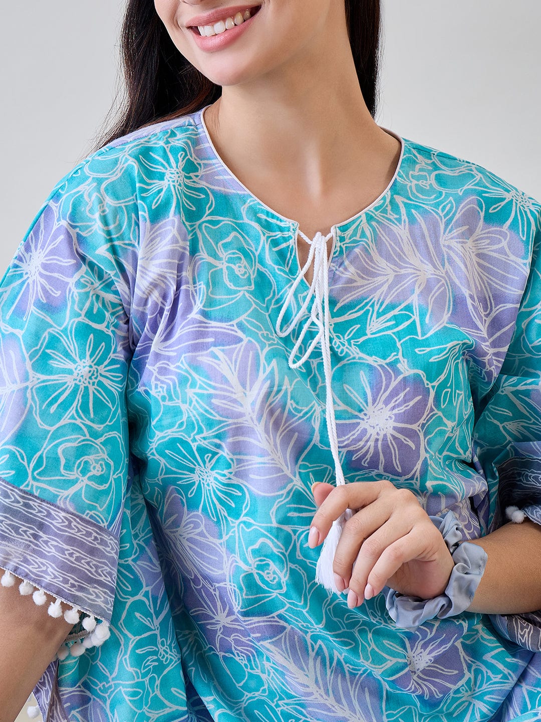 The Kaftan Company Kaftan Abstract Floral Bright Blue Pom Pom Cotton Night wear Kaftan
