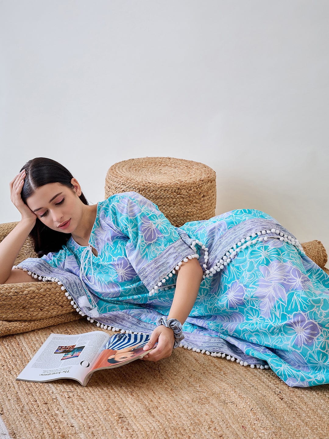 The Kaftan Company Kaftan Abstract Floral Bright Blue Pom Pom Cotton Night wear Kaftan