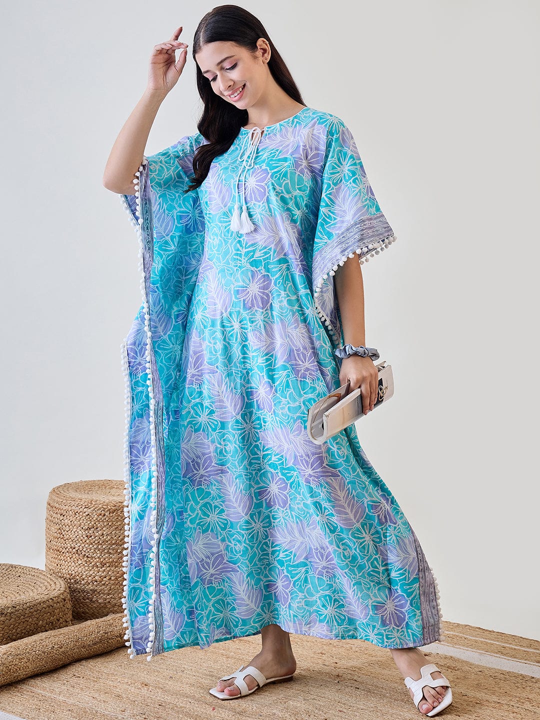The Kaftan Company Kaftan Abstract Floral Bright Blue Pom Pom Cotton Night wear Kaftan