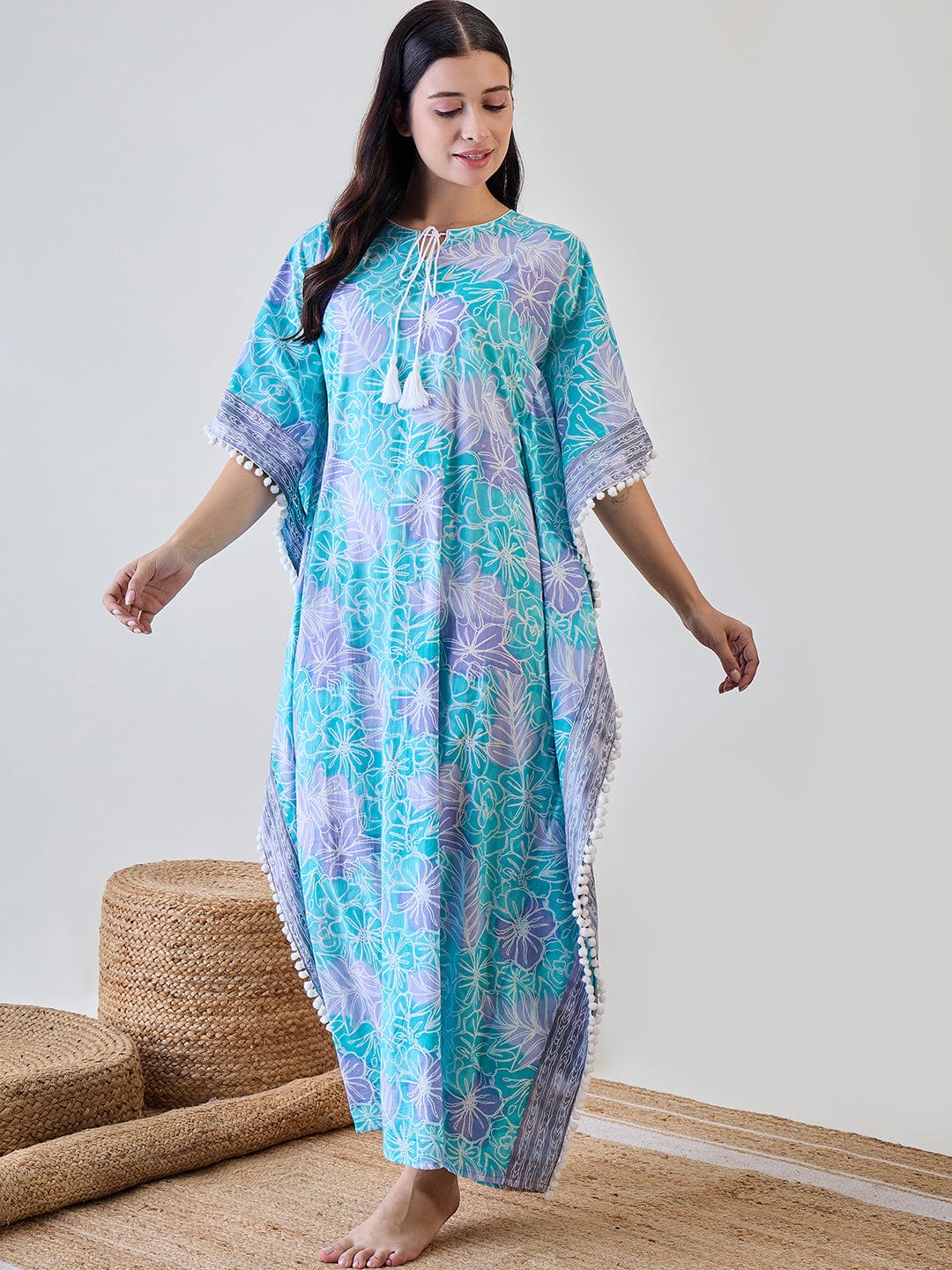The Kaftan Company Kaftan Abstract Floral Bright Blue Pom Pom Cotton Night wear Kaftan