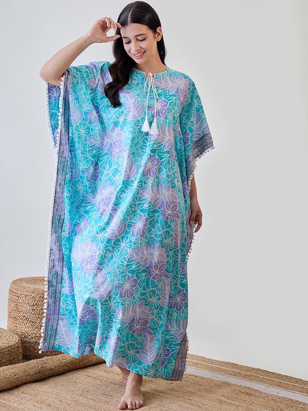 The Kaftan Company Kaftan Abstract Floral Bright Blue Pom Pom Cotton Night wear Kaftan