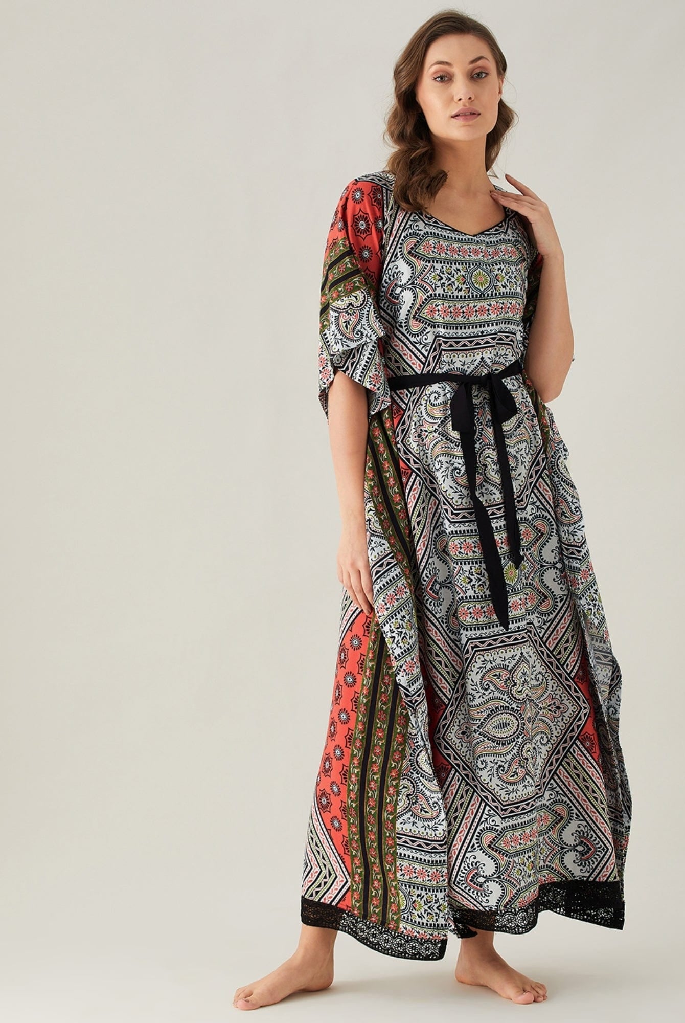 The Kaftan Company Kaftan Abstract Patterned Maxi Kaftan with Belt (Final Sale)