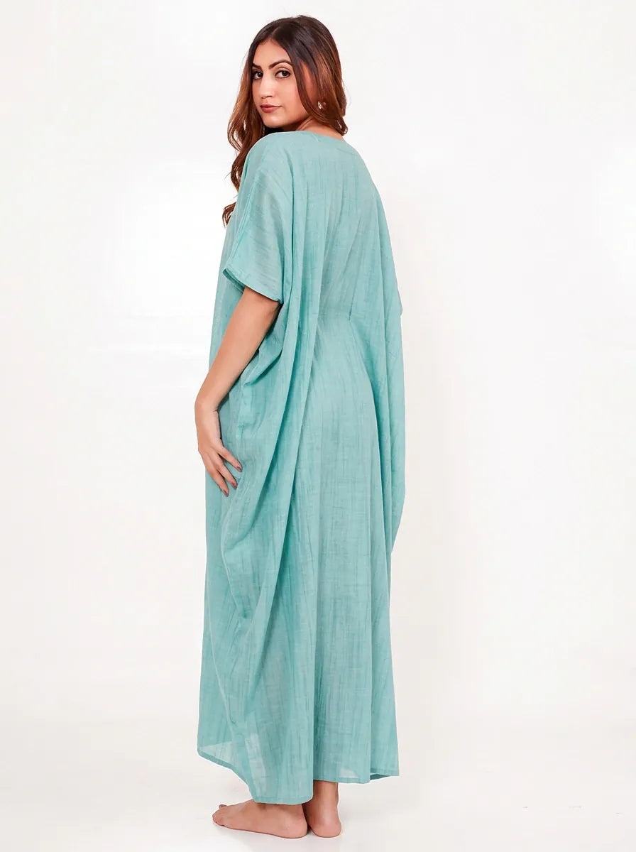 The Kaftan Company Kaftan Aqua Cotton Viscose Kaftan with Tie Waist and Pockets