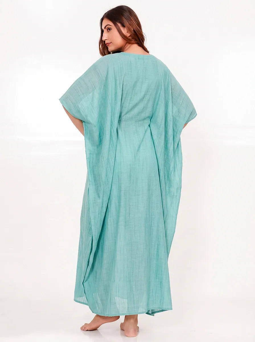 The Kaftan Company Kaftan Aqua Cotton Viscose Kaftan with Tie Waist and Pockets
