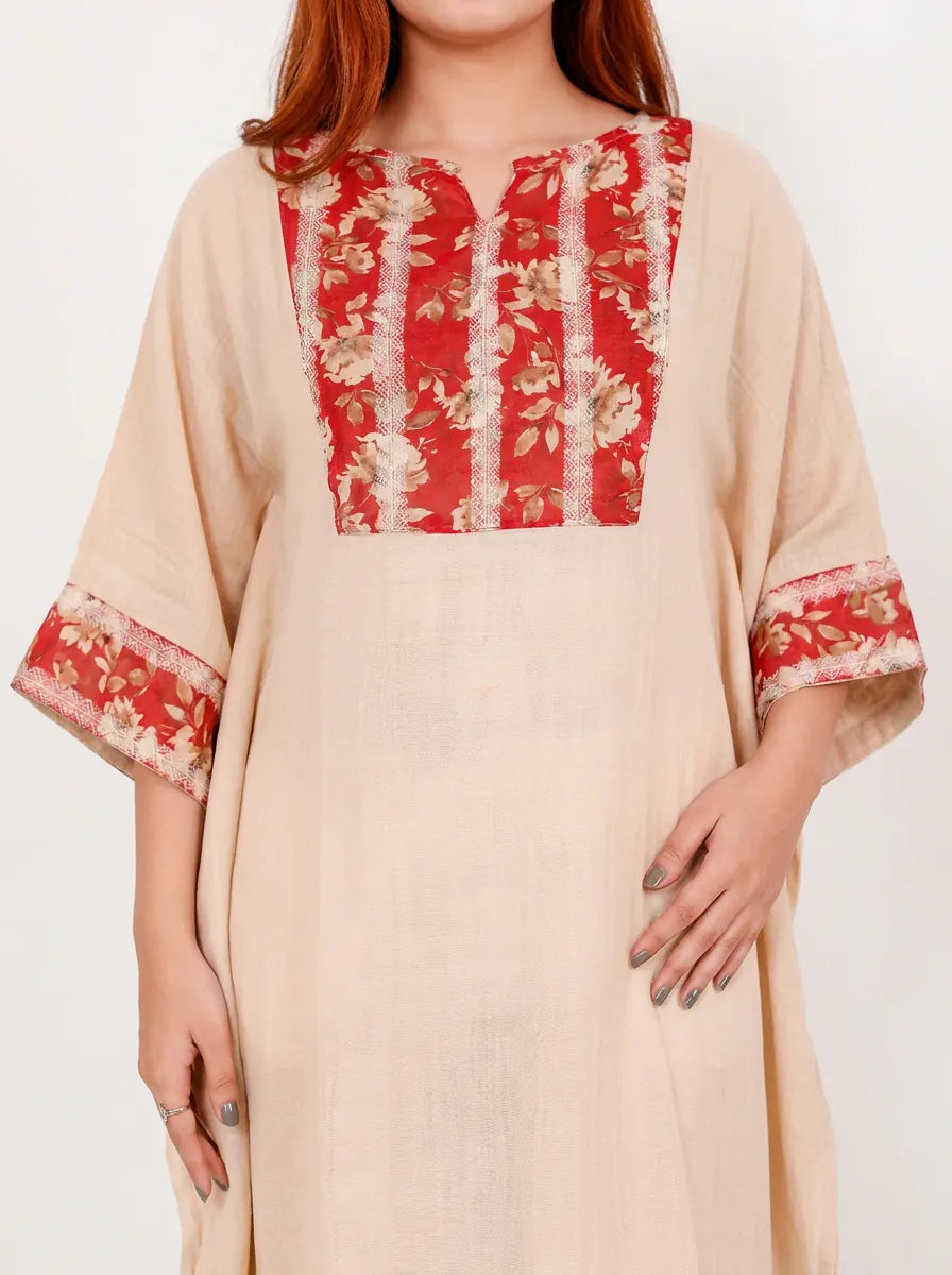 The Kaftan Company Kaftan Beige Cotton Kaftan with Red Floral Yoke Panel