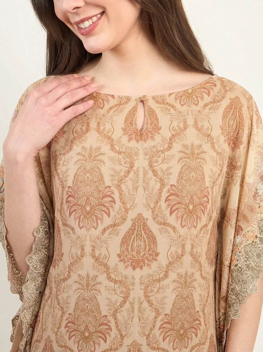 The Kaftan Company Kaftan Beige Damask Print Modal Maternity Kaftan