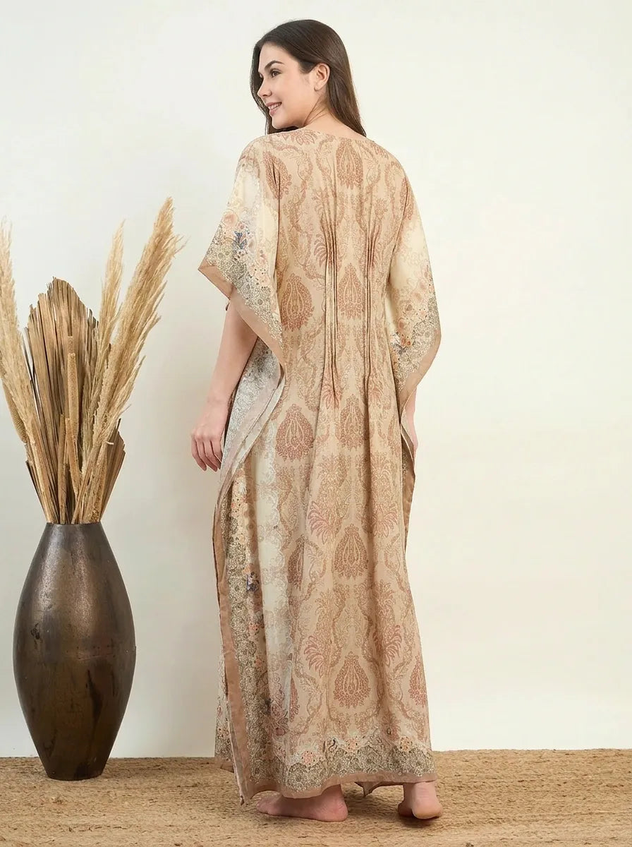 The Kaftan Company Kaftan Beige Damask Print Modal Maternity Kaftan
