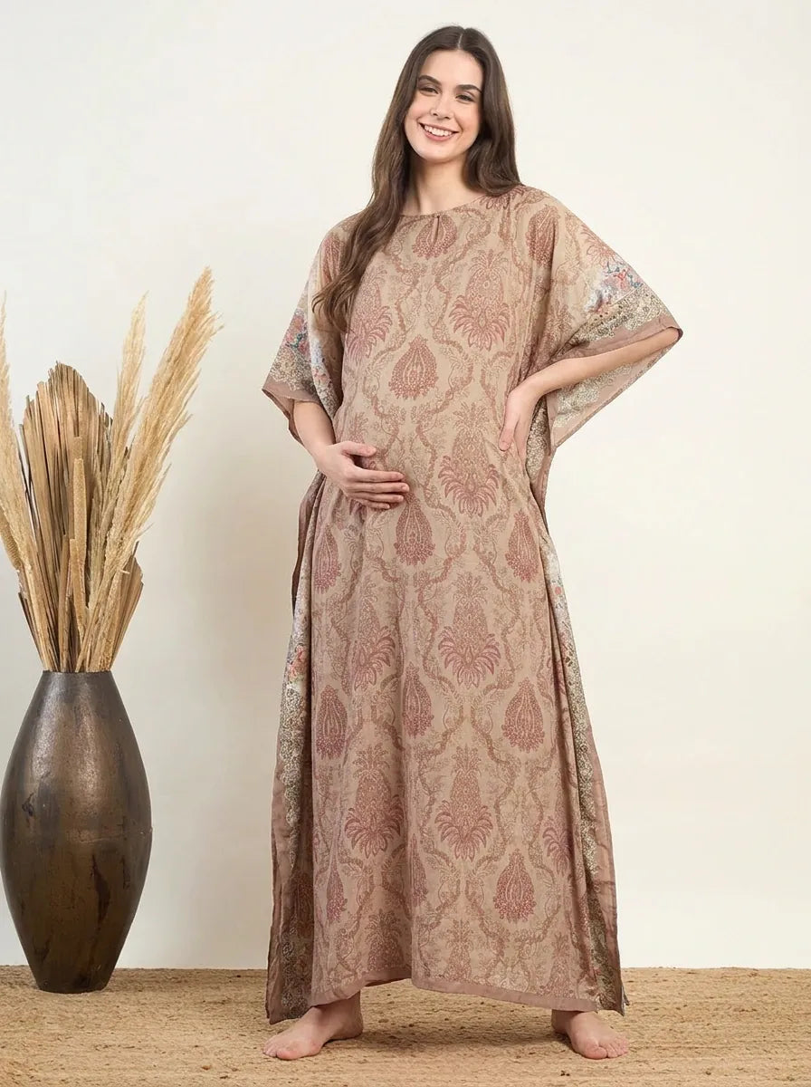 The Kaftan Company Kaftan Beige Damask Print Modal Maternity Kaftan