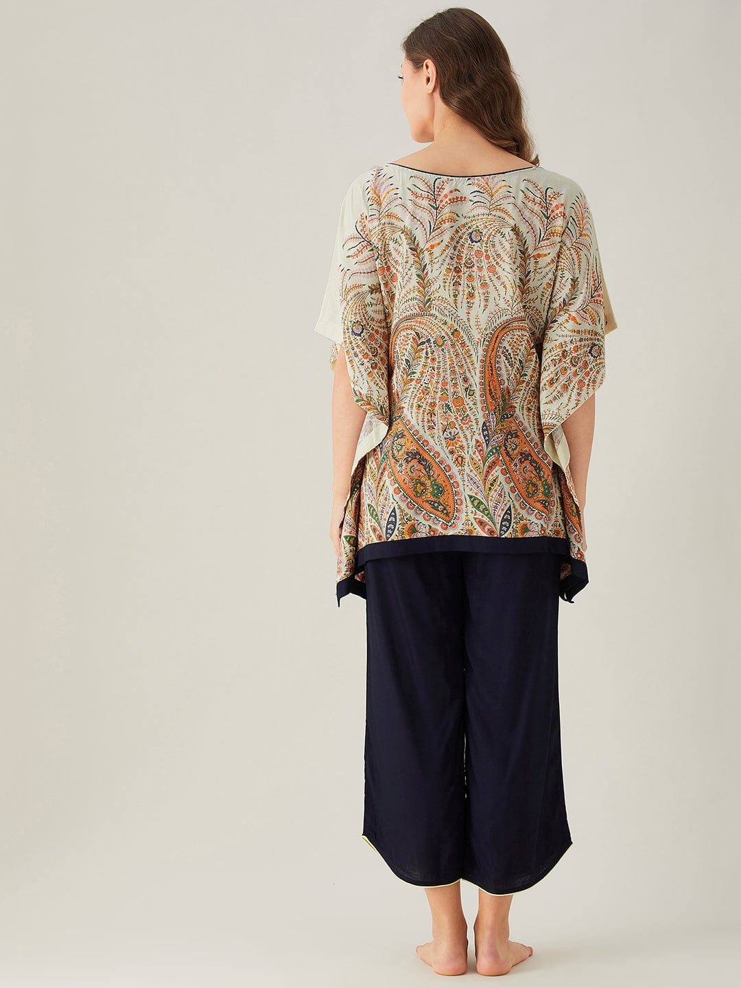 The Kaftan Company Kaftan Beige Florets and Paisley Kaftan Pyjama Set