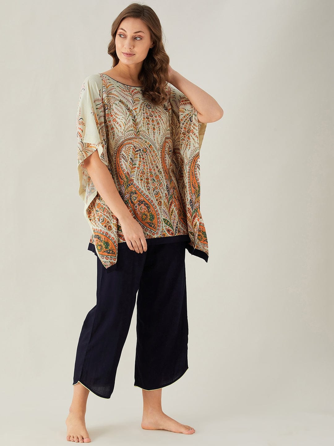 The Kaftan Company Kaftan Beige Florets and Paisley Kaftan Pyjama Set