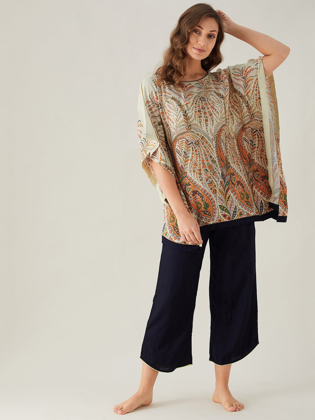 The Kaftan Company Kaftan Beige Florets and Paisley Kaftan Pyjama Set