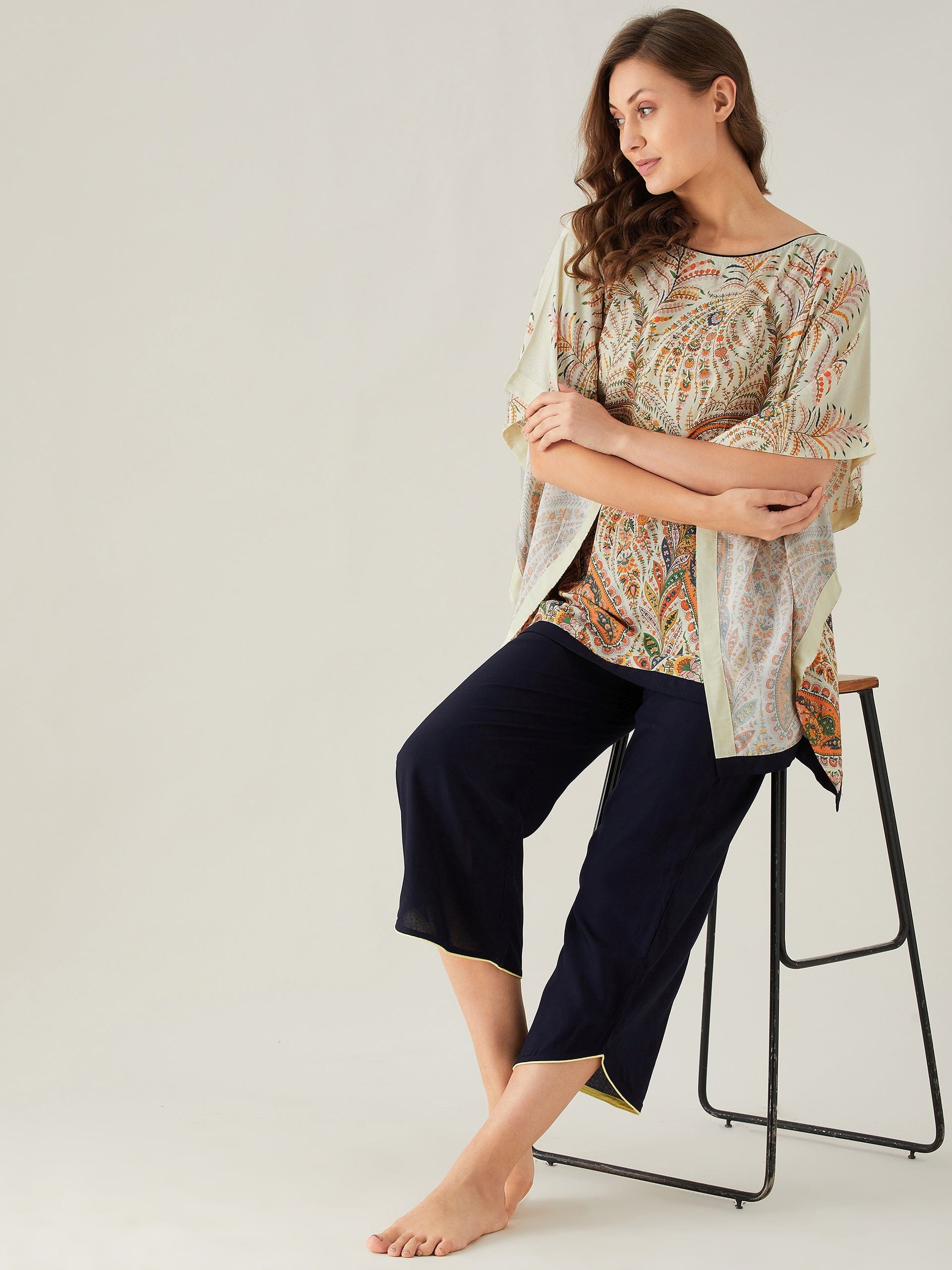 The Kaftan Company Kaftan Beige Florets and Paisley Kaftan Pyjama Set
