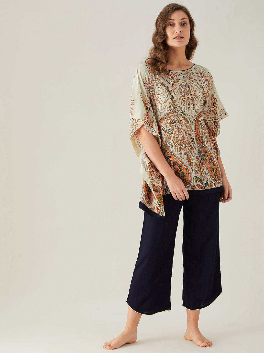The Kaftan Company Kaftan Beige Florets and Paisley Kaftan Pyjama Set