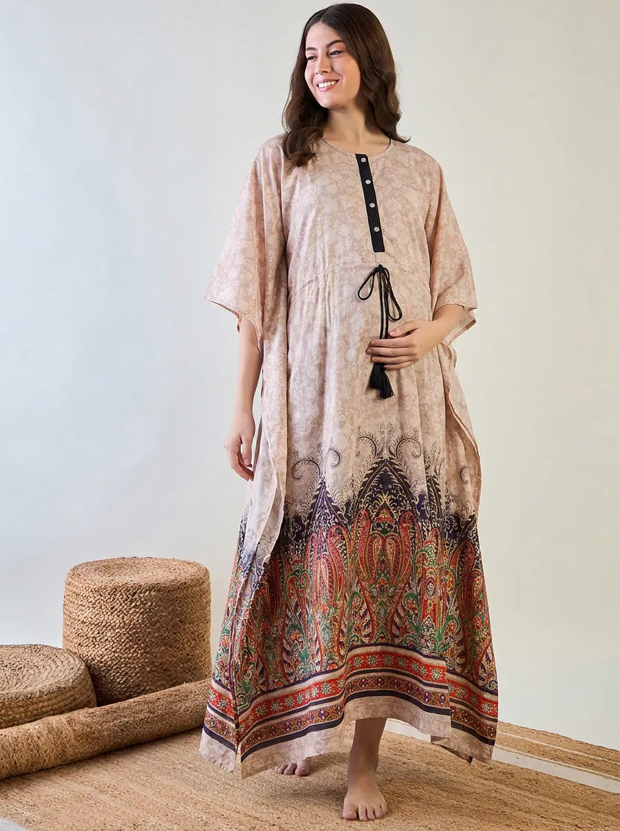 The Kaftan Company Kaftan Beige Paisley Border Print Maternity Nursing Kaftan with Tassel Drawstring