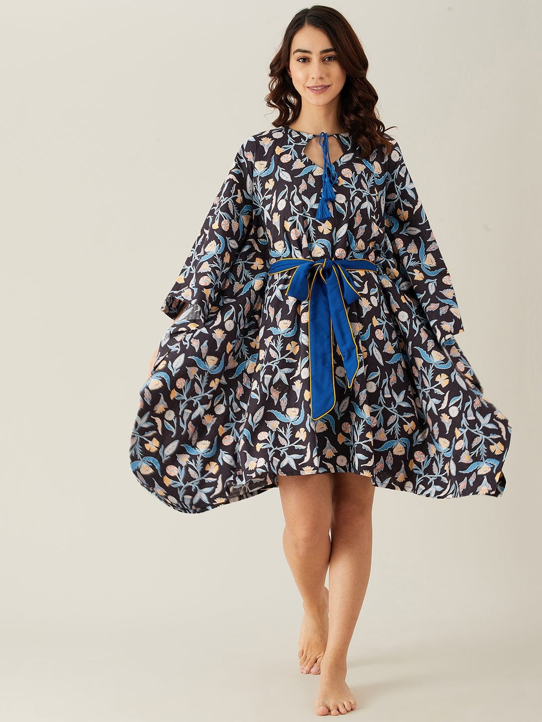 The Kaftan Company Kaftan Black and Blue Leaves Short Kaftan