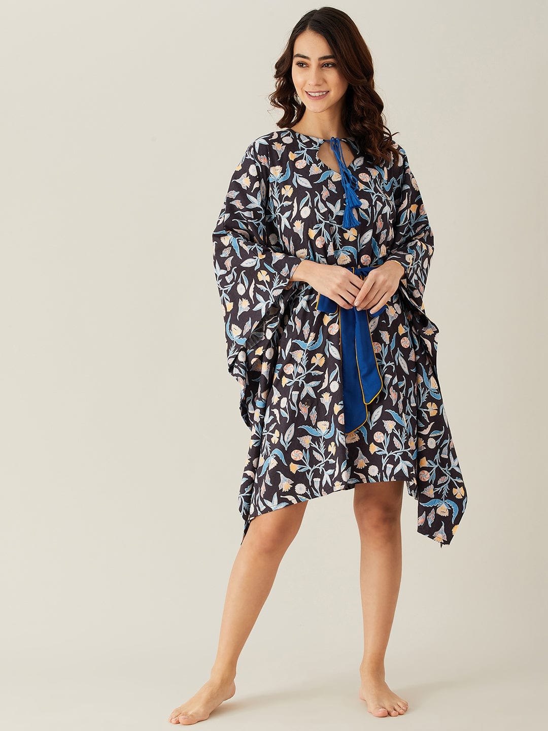 The Kaftan Company Kaftan Black and Blue Leaves Short Kaftan