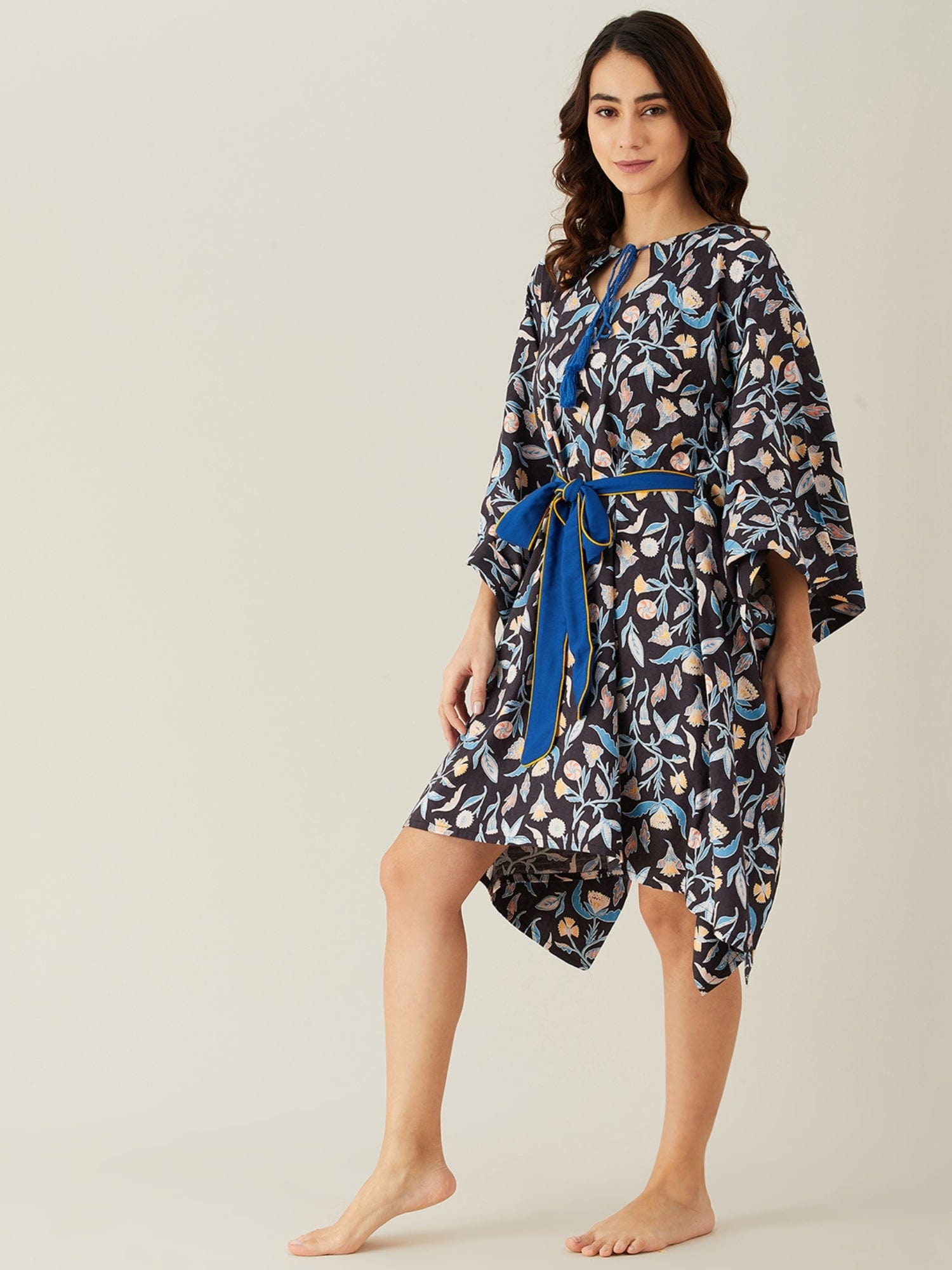 The Kaftan Company Kaftan Black and Blue Leaves Short Kaftan