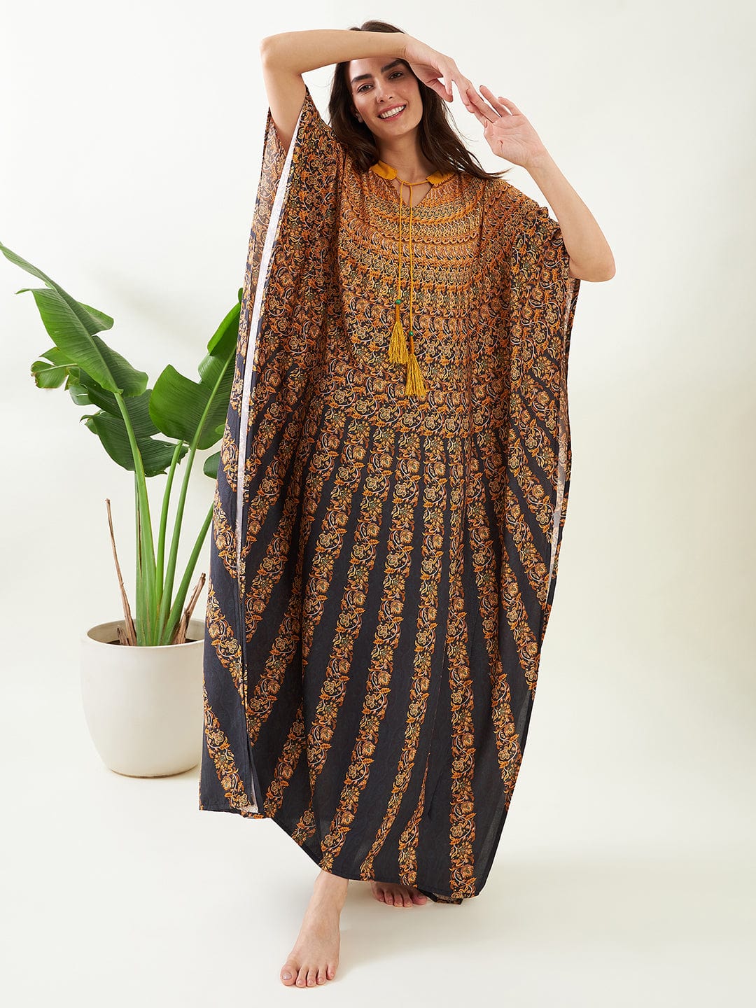 The Kaftan Company Kaftan Black and Mustard Floral Strokes Kaftan