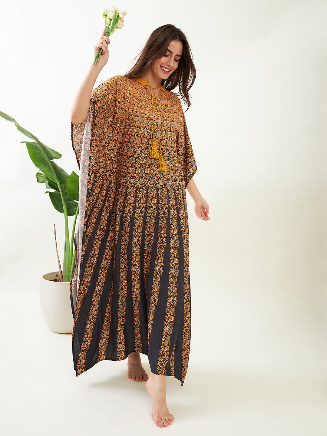 The Kaftan Company Kaftan Black and Mustard Floral Strokes Kaftan