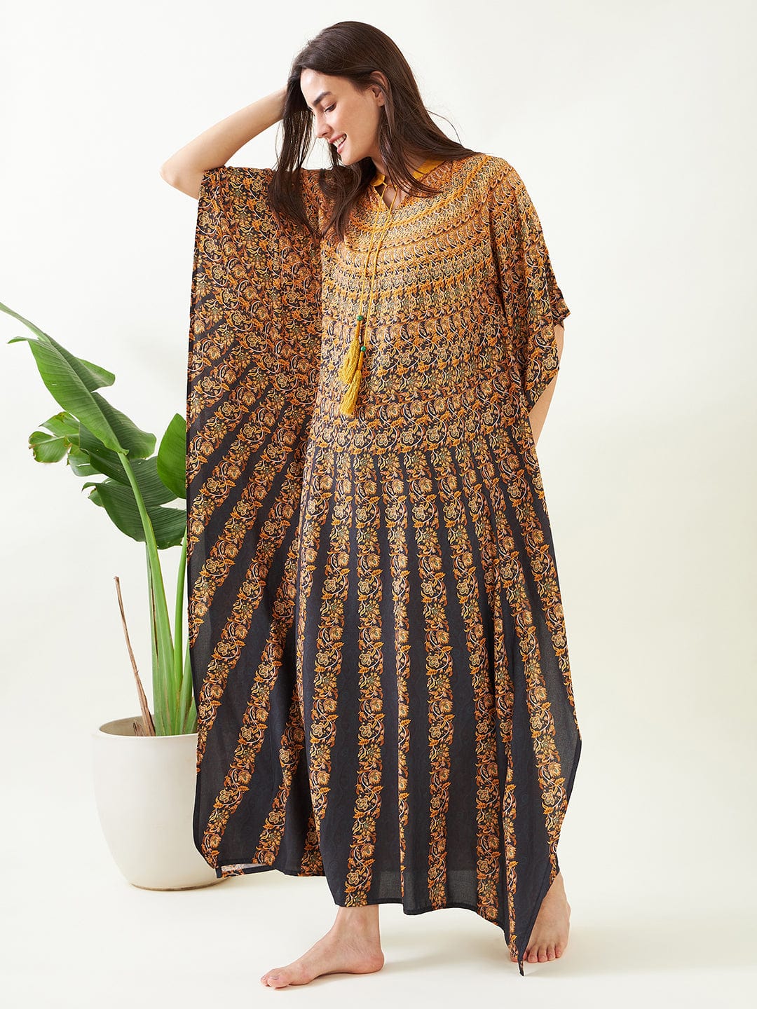 The Kaftan Company Kaftan Black and Mustard Floral Strokes Kaftan
